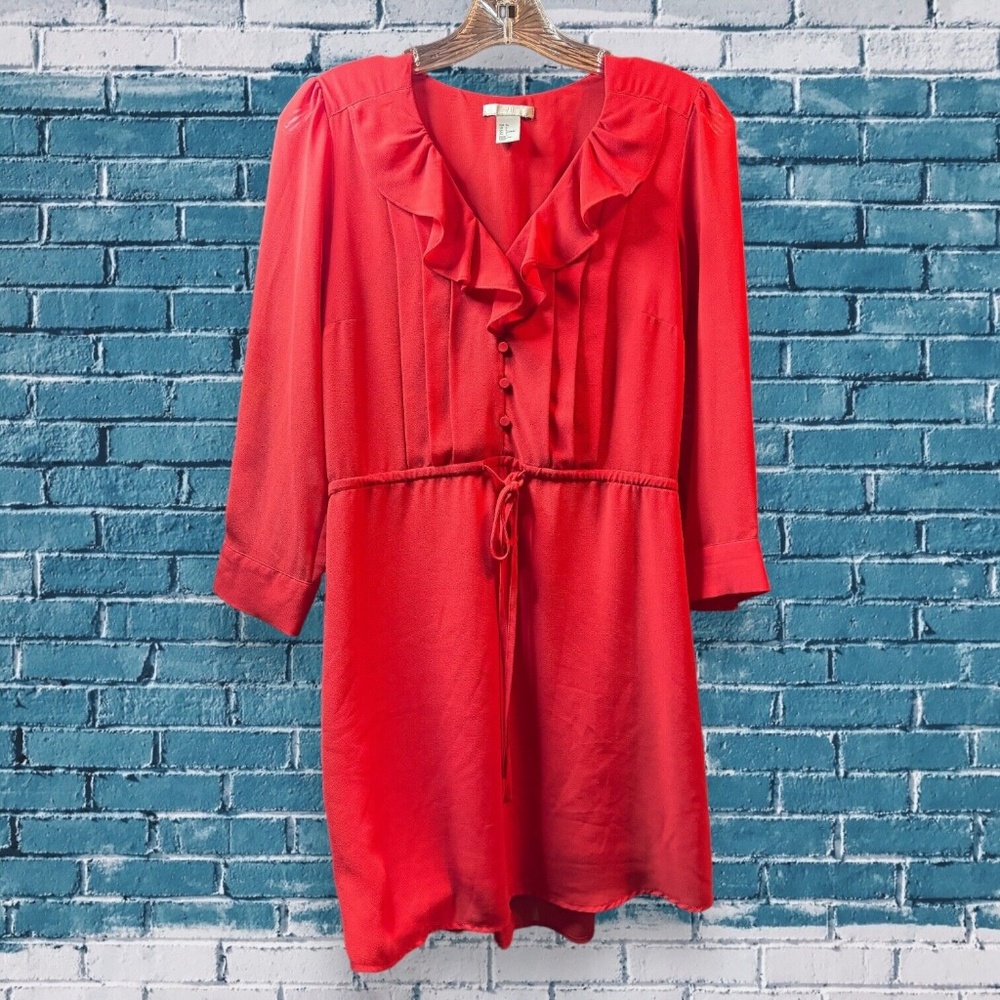 H&M Ruffle Neck 1/2 Button 3/4 Sleeve Soft Coral Red Shirtdress Size 6